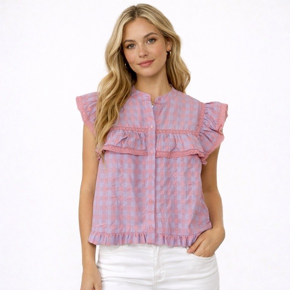 Day + Moon Gingham Ruffled Blouse In Pink Size Large - Picture 1 of 8